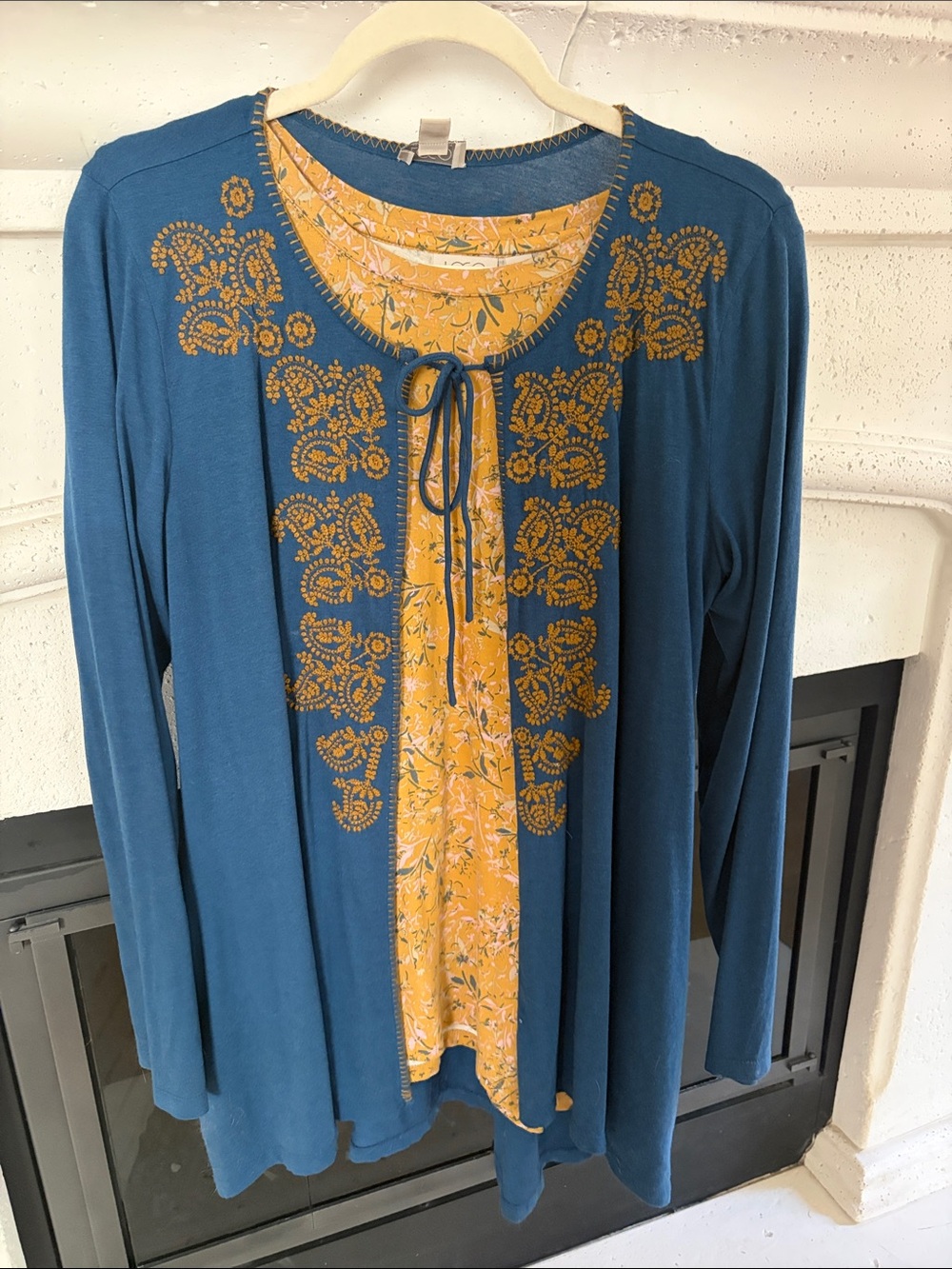 Logo Teal Layered Tunic Top with Mustard Floral Inset